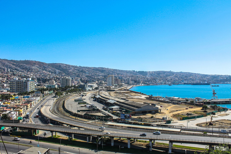 cityscape, no people, road, blue, baron hill, high angle view, bridge - man made structure, travel destinations, bridge, valparaiso, mode of transportation