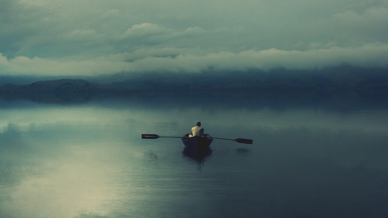 sea, twilight, evening, rowing, boat, solitary, 1080P, cloudy
