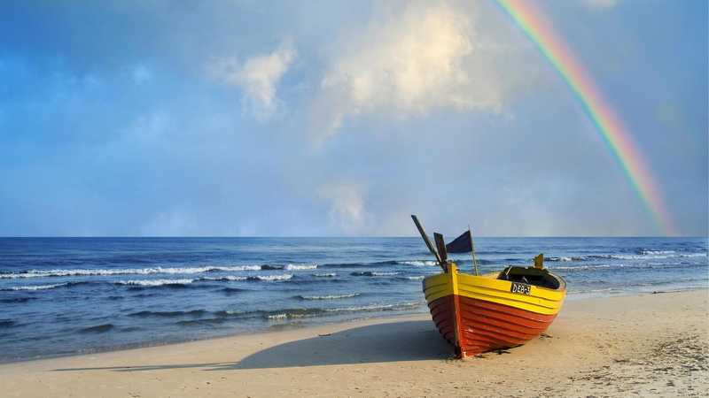 boat, rainbow, beach, row, row boat, nature and landscapes, 1080P