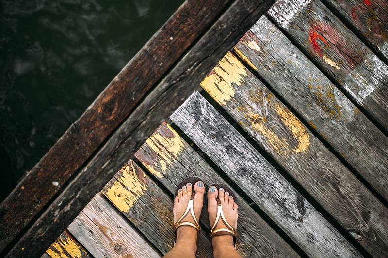 waterscape, old, sandal, personal perspective, human limb, wooden, summer, pier, high angle view, day, wood - material, human leg, human body part, standing