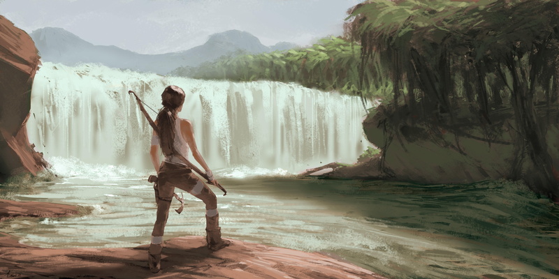 nature, tomb raider 2013, top, games, woman, wearing, painting, painting art, near, tank, lara croft, white, waterfalls, bow, 5K, tomb raider