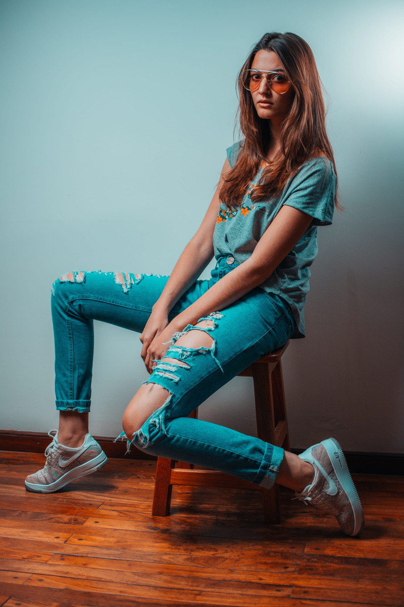 blue, beautiful woman, face, shirt, real people, one person, 5K, wooden, teal, fashion, jenn, looking at camera, young adult, wood, hair, chair, beauty
