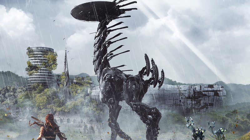 art and craft, outdoors, representation, nature, building exterior, day, Aloy (Horizon: Zero Dawn), Horizon: Zero Dawn, video games, cloud - sky, animal representation