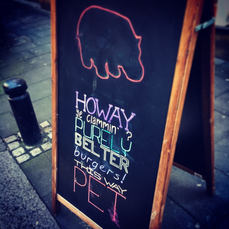 food and drink, information, burgers, handwriting, day, geordie, newcastle upon tyne, illuminated, board, no people, western script, communication, close-up