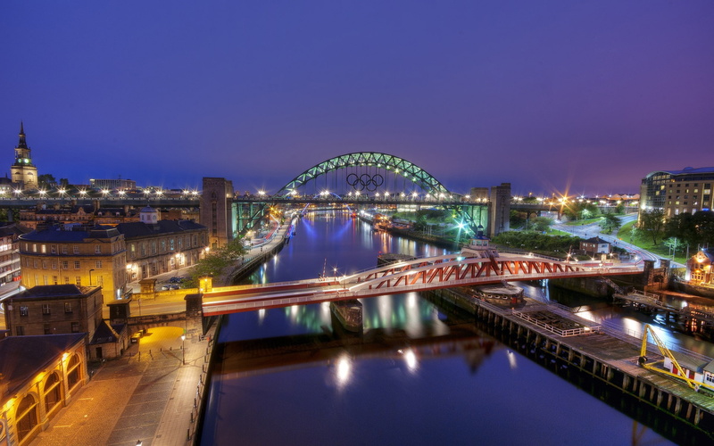 Gateshead, concrete, Night, Buildings, City, lights, England, photo, 1080P, River, Bridge