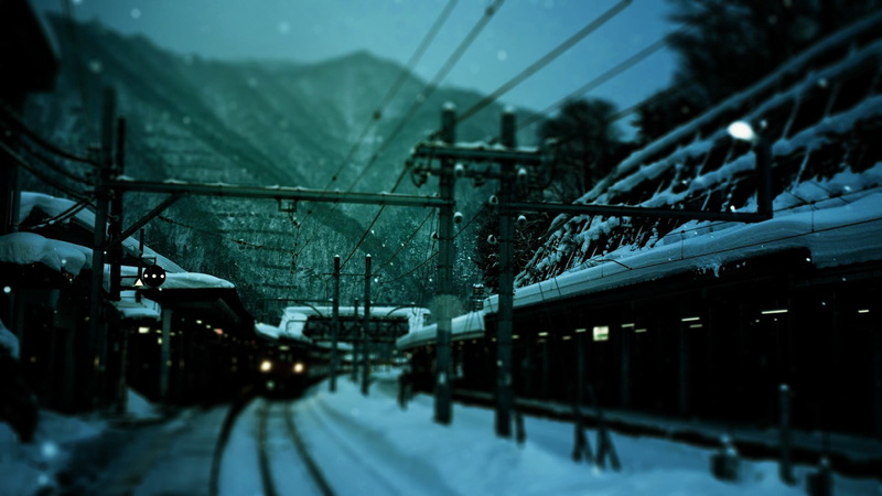 1080P, mountain, post, track, tree, cold temperature, outdoors, electric, dark, architecture, rail transportation, mode of transportation, electricity
