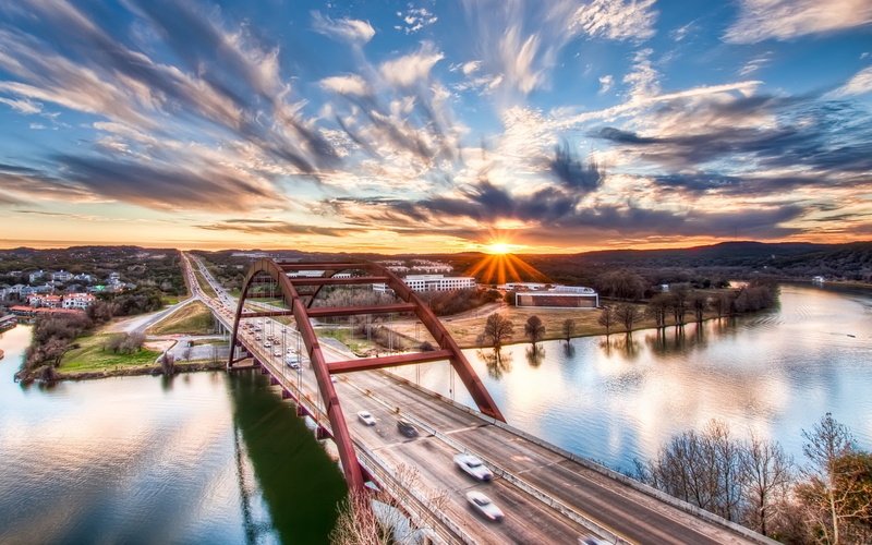 building exterior, connection, transportation, cityscape, beauty in nature, bridge - man made structure, bridge, Texas, reflection, metal, red, city, 2K