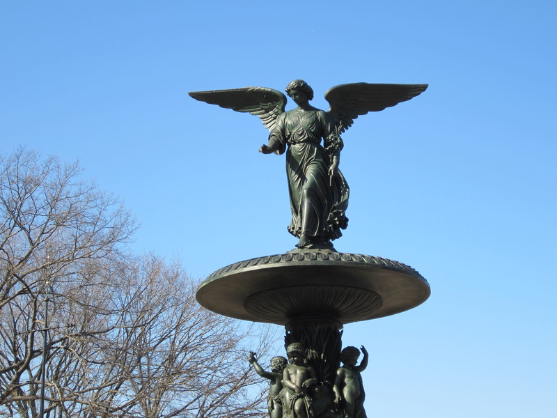 tree, female likeness, human representation, photo, statue, low angle view, bare tree, monument, clear sky, bethesda, day, blue, art, male likeness, heritage