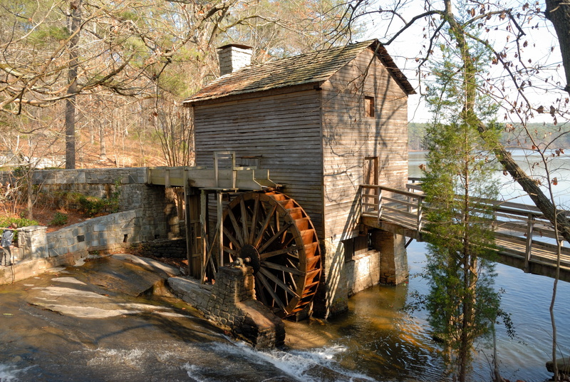forest, trees, landmark, wooden, connection, nature, stone mountain, flowing water, scenery, architecture, wooden bridge, bridge - man made structure, wheel