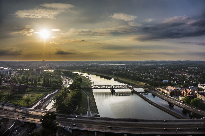 building exterior, clouds, construction, white, buildings, material, Wroclaw, Odra, Sunset, pattern, transportation, sky, trees, Bridge, 5K, no people