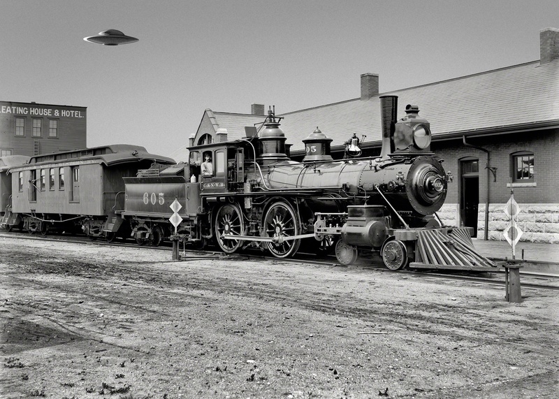 history, ufo, track, old-fashioned, black And White, grayscale, clear sky, day, building exterior, nature, train - vehicle, shunting yard, railroad Track
