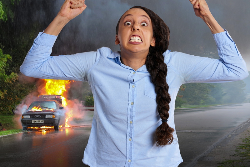 car fire, arms raised, road, standing, motor vehicle, front view, fists, waist up, females, car, human limb, rage, frustrated, body part, anger, displeased