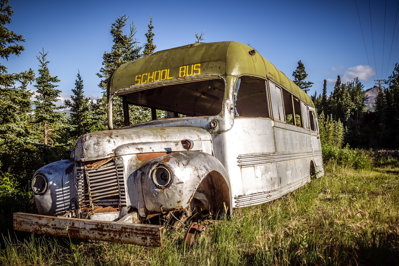 metal, rust, rusty, traffic, transport, motor vehicle, land, forest, nostalgia, north america, day, auto, american, weathered, damaged, junkyard, schoolbus