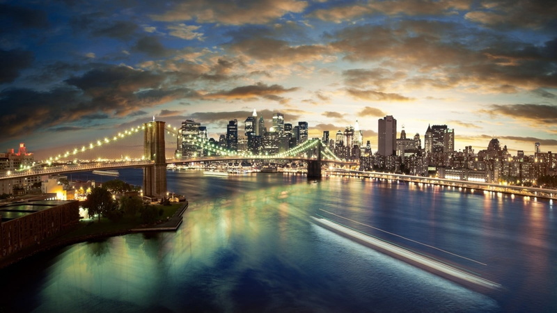 reflection, connection, clouds, transportation, cloud - sky, city, building, york, urban skyline, bridge - man made structure, HDR, night, built structure
