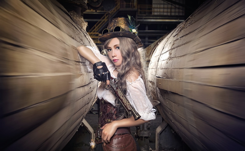young adult, young women, hair, hairstyle, contemplation, gun, fashion, girls with guns, cosplay, women, beauty, three quarter length, looking, architecture