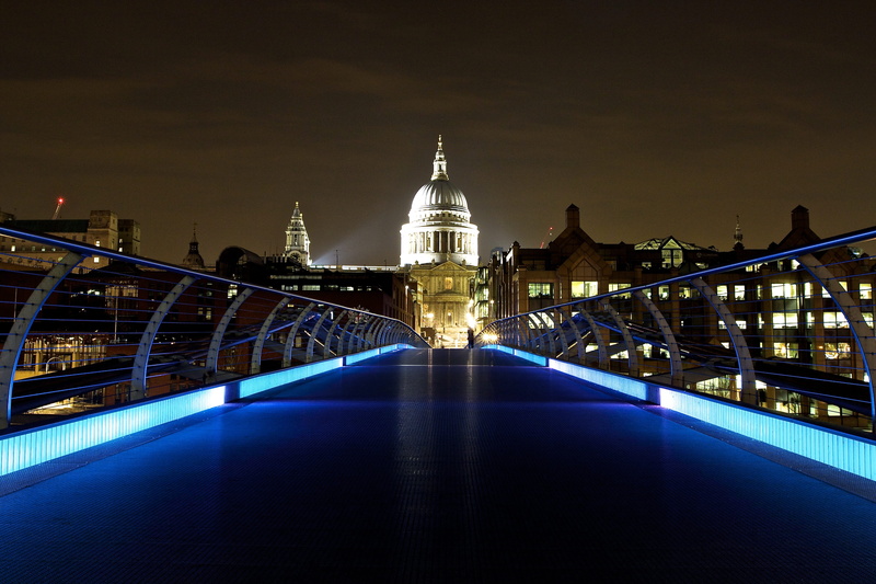 bridge, sky, travel destinations, belief, architecture, night, government, millenium bridge, illuminated, spirituality, built structure, st pauls, travel
