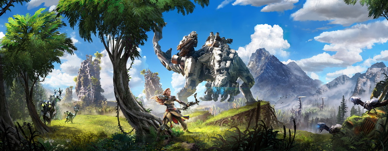 landscape, aloy, horizon: zero dawn, bow, artwork, 8K, clouds, Games, thunderjaw