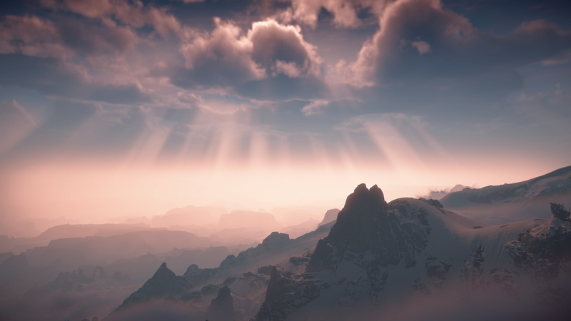 1080P, tranquility, PlayStation 4, mountain peak, nature, fog, mountain range, idyllic, tranquil scene, Horizon: Zero Dawn, sunlight, sky, cloud - sky
