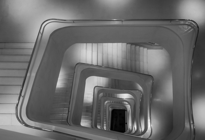 built structure, abstract, spiral staircase, absence, museum, repetition, metal, railing, geometry, steps and staircases, architecture, creation, arches