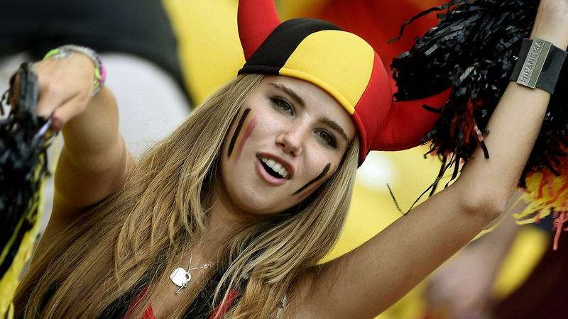 emotion, arms raised, beautiful woman, looking at camera, young women, headshot, FIFA World Cup, portrait, happiness, Belgium, yellow, headwear, long hair