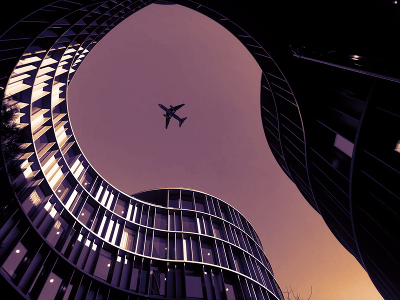 modern, transportation system, flight, low, copenhagen, building exterior, low angle view, no people, skyline, evening, nature, buildings, office building exterior