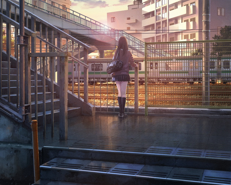bag, building, school uniform, sho, art, anime, railway station, the fence, ladder, skirt, knee, black hair, the city, long hair, girl, bridge
