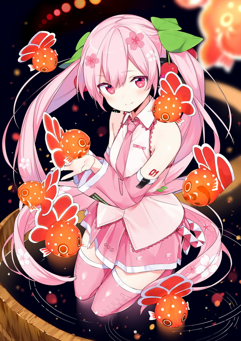 artwork, skirt, digital art, pink eyes, vertical, school uniform, ponytail, anime, long hair, fish, tie, pink hair, Sakura Miku, portrait display, 720P