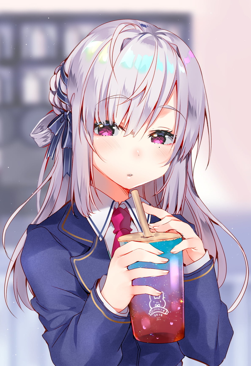 pink hair, purple eyes, artwork, school, 720P, school uniform, food, digital art, anime, tie, long hair, anime girls