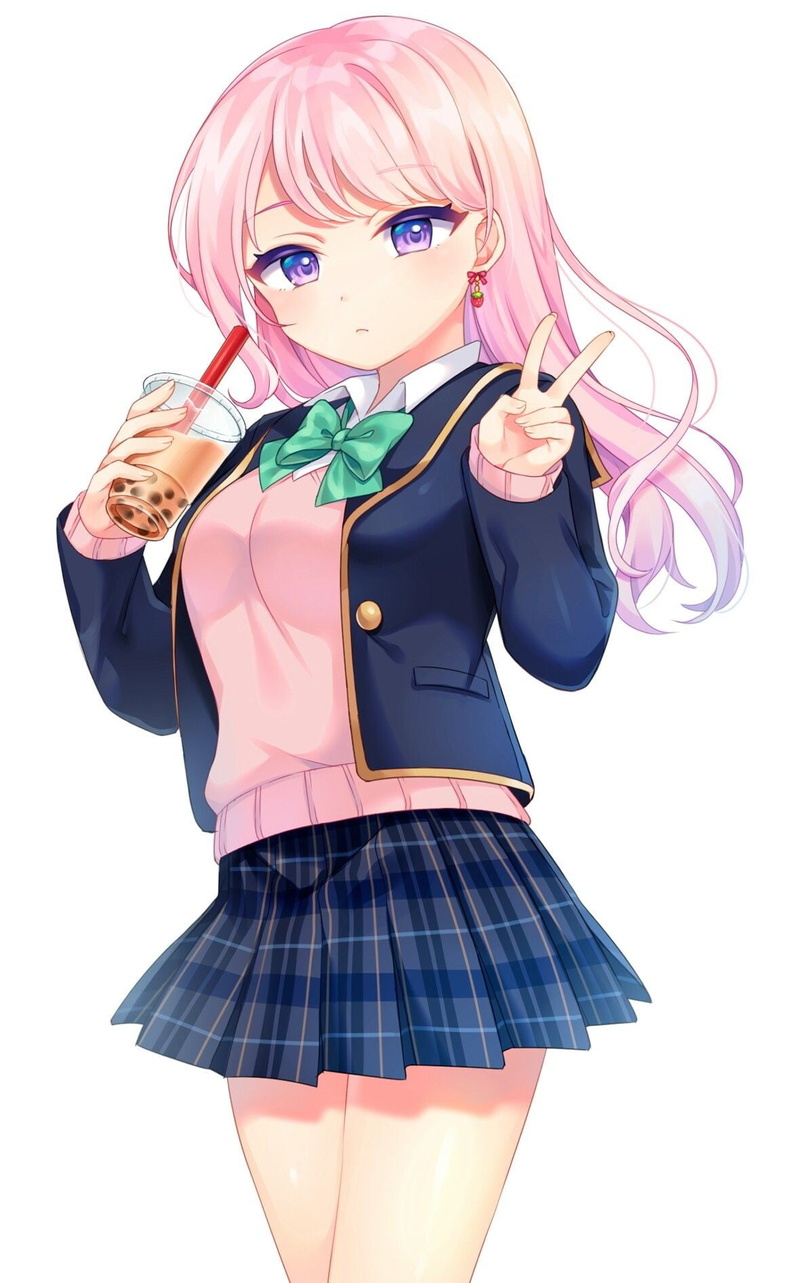 pink hair, vertical, school uniform, blue eyes, skirt, anime girls eating, digital art, long hair, simple background, 720P, purple eyes, portrait display