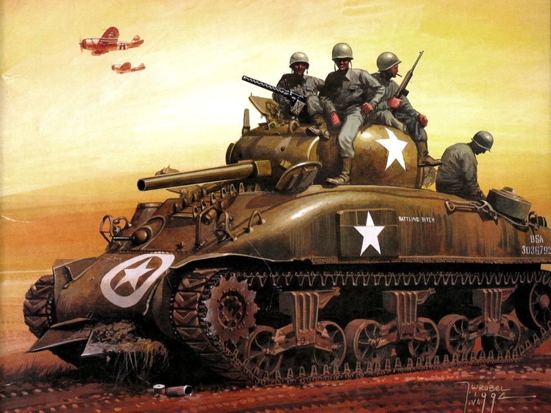 WW2, war, poster, uniform, American, weapon, the sky, air vehicle, conflict, mode of transportation, the past, M4andquot;Shermanandquot;, battle, average