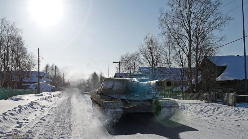 architecture, frozen, Obj. 268, lens flare, snow, day, tank, sunlight, water, cold temperature, no people, render, World of Tanks, battle, winter, city