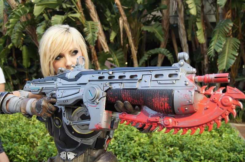 gun, Gears of War 3, looking at camera, one person, blond hair, blonde, gray, Jessica Nigri, cosplay, 1080P, young women, Gears of War, young adult, hair