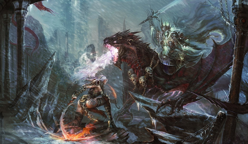 skull, rock, rain, art, battle, snow, 1080P, lich, monster, wind, girl, sword, fantasy