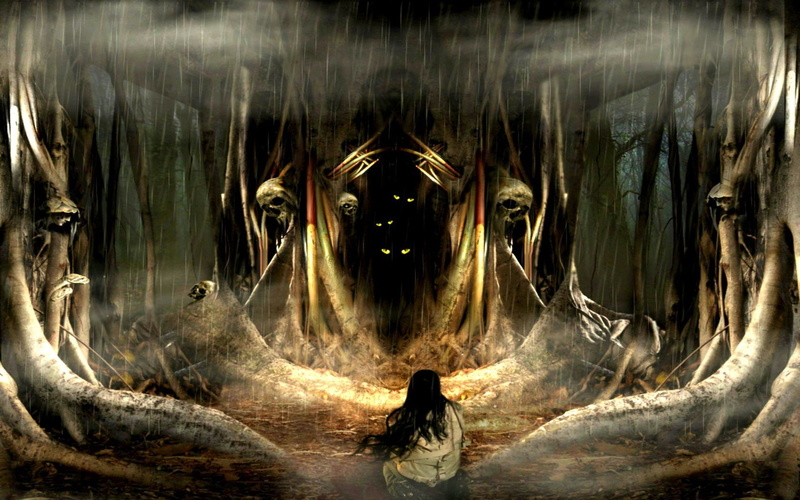 horror, forests, skulls, eyes, rain, dark, glowing, women, 720P, fog