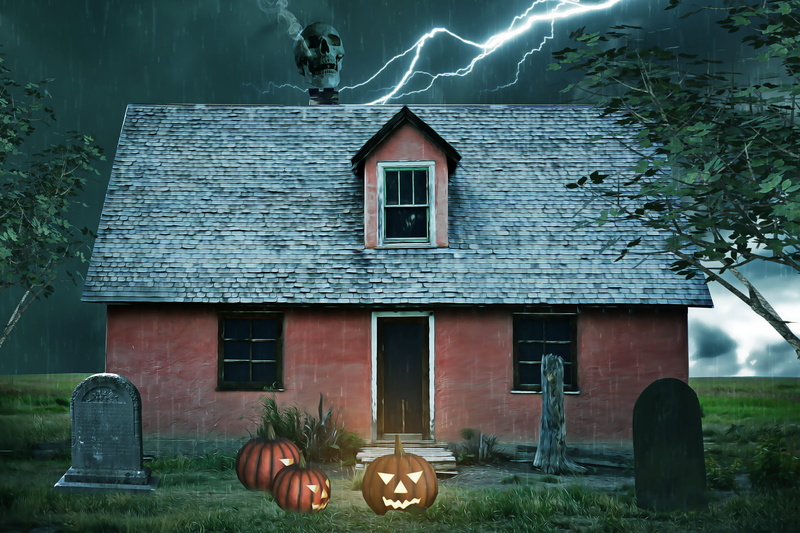 architecture, illuminated, built structure, storm, autumn, lighting equipment, skull, brown, rain, day, gray, tombs, haunted house, haunted, night, building