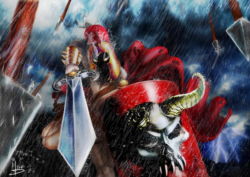 armor, skull, 4K, rain, sword, burning eyes, Warrior