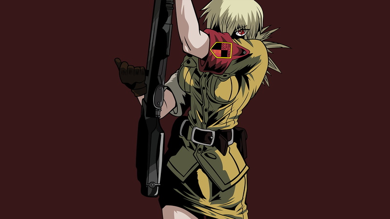 standing, Hellsing, men, assault, 1080P, colored background, rifle, lifestyles, activity, black background, anime, woman, studio shot, Seras Victoria