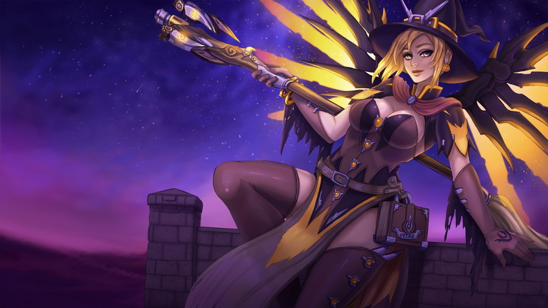 witch, girl, costume, night, angela ziegler, art, blizzard, Mercy, Witch Mercy, hat, overwatch, 4K