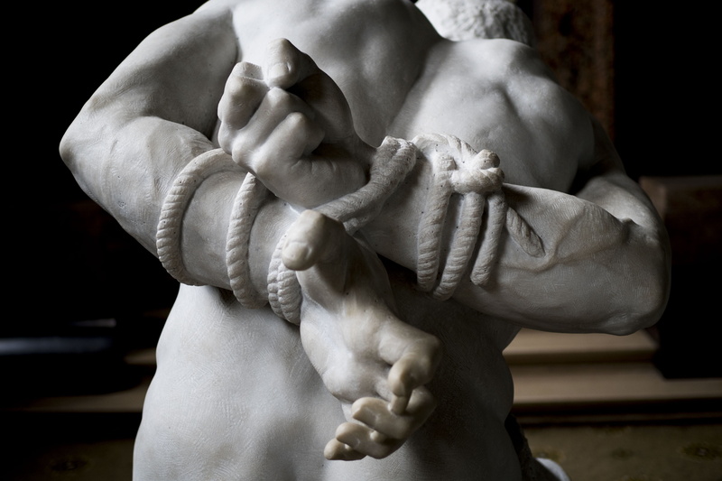 struggling, holding, captive, rope, close-up, man, human representation, indoors, representation, kidnapping, fine art statue, sculpture, back, human body part