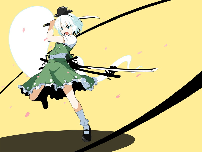 video, open, 2K, hair, konpaku, mouth, Dress, h, ghosts, blue, hd, Blue Eyes, Touhou, youmu, art, eyes, Katana, weapons, Video Games, short, games, white