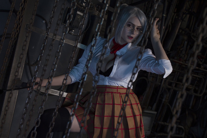 looking at viewer, cosplay, Alice Shultz, cleavage, indoors, school uniform, model, women indoors, women with glasses, thigh-highs, 2K, chains, Prison School
