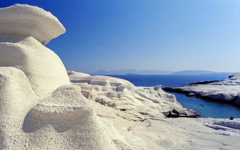 rock - object, tranquility, arid climate, formation, no people, blue, nature, tranquil scene, shores, greece, windows, rock, solid, desktop, non-urban scene