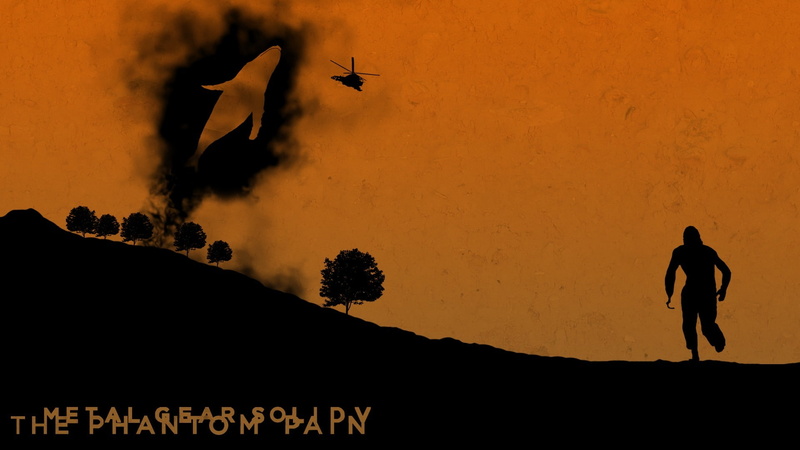 phantom, pain, silhouette, orange color, land, flying, tranquility, men, game, sunset, motion, text, mountain, gear, solid, 1080P, outdoors, nature, wallpa