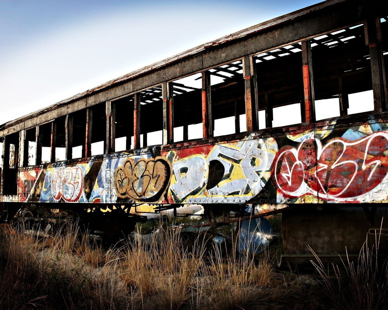 train - vehicle, built structure, abandoned, text, rail transportation, freight train, railroad track, day, track, grass, graffiti, no people, outdoors