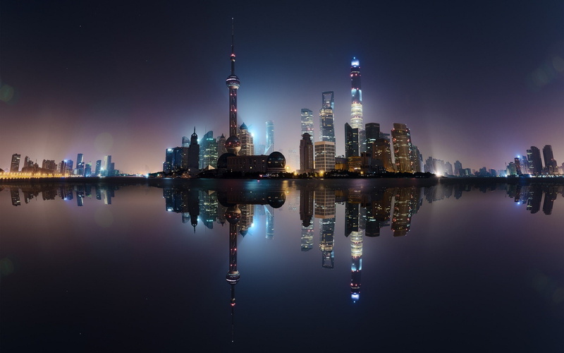 China, skyscraper, long exposure, Shanghai, lights, reflection, cityscape, night, building, sea, water, 1080P, tower, city