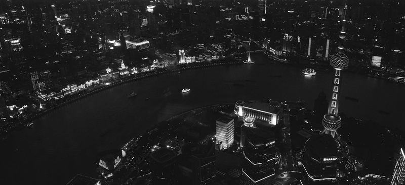architecture, ocean, night, 4K, illuminated, black and white, city, shanghai, aerial view, tower, built structure, light, cityscape, mode of transportation