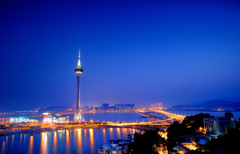 China, bridge, lights, tower, night, the sky, Macau, Aomen, 1080P, backlight, sea, the city, blue