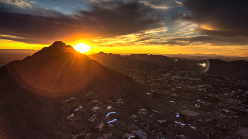 camelback mountain, mountain, sky, sunlight, sun, land, 2K, sunset, lens flare, phoenix, cloud - sky, nature, scenics - nature, tranquility, beauty in nature
