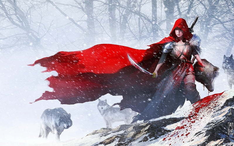 sword, hood, wolf, 720P, suit, head, hd, red, riding, holding, fantasy, hooded, un, anime, woman, character