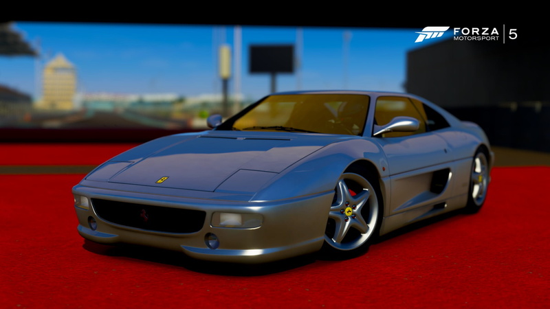 Forza Motorsport, built structure, modern, blue, Ferrari 355, Ferrari, Forza Motorsport 5, outdoors, close-up, sports car, no people, car, motor vehicle